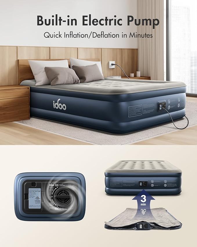 iDOO Queen Air Mattress with Built in Pump, 18 Raised Comfort Inflatable Blow up Mattress, Upgraded Four Chamber Portable Air Bed for Camping, Guests and Home, Colchon Inflable, 650 lbs Max