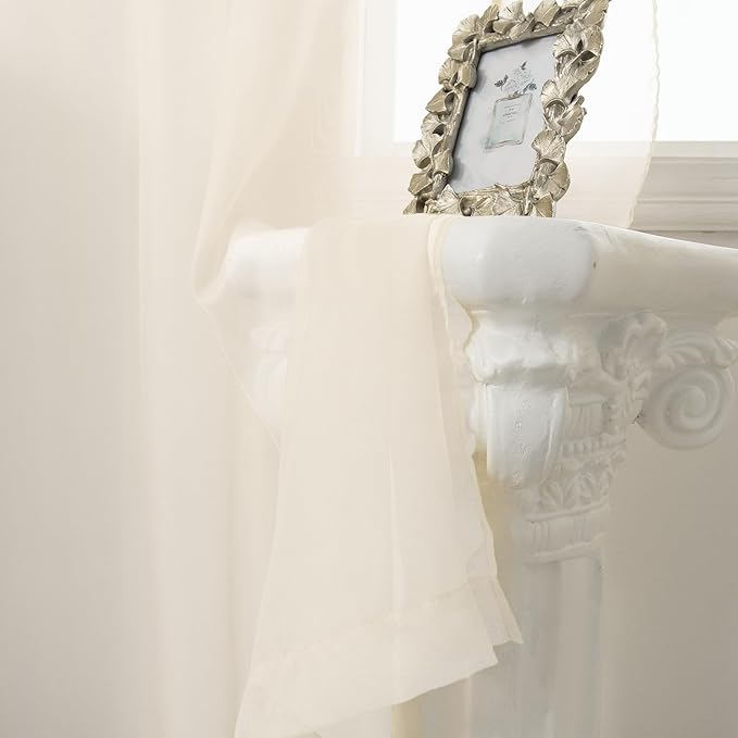 HUTO Cream Beige Sheer Curtains 63 Inch Length Rod Pocket Beige Sheer Voile Window Curtain Drapes for Bedroom Living Room 2 Panels