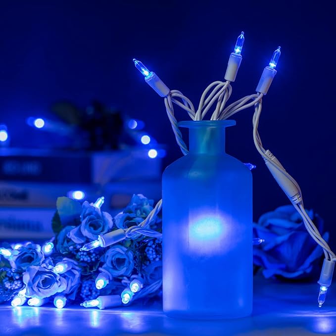 YULETIME 200 Blue LED Christmas Lights with White Wire, Pack of 2 Strands 33 Feet 100 Lights UL Certified Holiday String Light Set