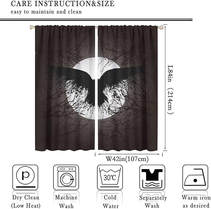 Cool Raven Print Curtains - Vintage Nordic Viking Theme Dead Tree Crow Full Moon Thermal Insulated Blackout Curtains - Rod Pocket Window Treatment Drapes for Bedroom 2 Panels 84L x 42W