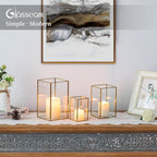 Glasseam Glass Hurricane Candle Holder: Set of 3 Gold Square Candle Holders for Pillar Candles Large for Table Centerpiece Wedding Christmas Decorative