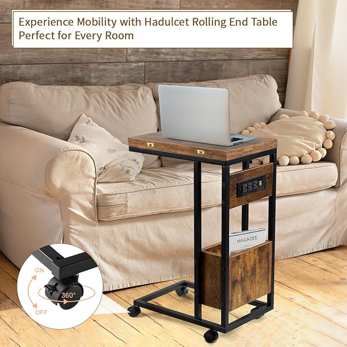Hadulcet C Tables End Table Set of 2, C Shaped Side Table with Charging Station, Folding Table TV Trays for Eating, Couch Tables That Slide Under, Small End Table Snack Tables, Rustic Brown