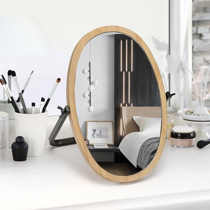 Geloo Vanity Makeup Table Mirror - Desk Mirrors 360 Adjustable Rotation,Wood Framed Small Standing Mirror for Bedroom,Tabletop,Office,Antique,Dresser,Countertop 11.8'' x 7.8''