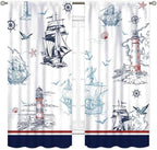 Nautical Curtains, Vintage Marine Coastal Sailboat Compass Anchor Ocean Beach Lighthouse Watercolor Blue Decorative Drapes for Bedroom Living Room Kitchen Bathroom Window 2 Panels, 63"x72" Inch