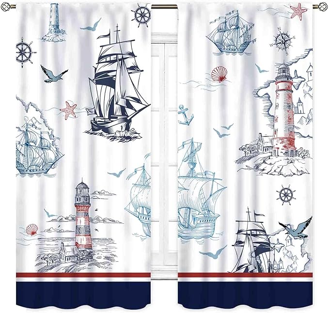 Nautical Curtains, Vintage Marine Coastal Sailboat Compass Anchor Ocean Beach Lighthouse Watercolor Blue Decorative Drapes for Bedroom Living Room Kitchen Bathroom Window 2 Panels, 63"x72" Inch