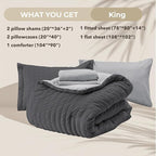 HYMOKEGE Dark Grey/Light Grey King Size Comforter Set Seersucker 7 Pieces, All Season Luxury Bed in a Bag for Bedroom, Bedding Set with Comforter, Sheets, Pillowcases & Shams