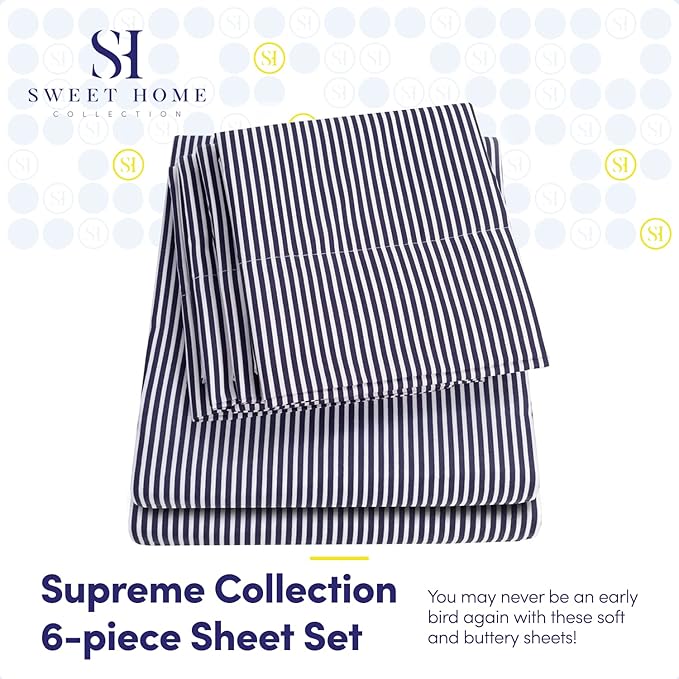 Queen Sheets Stripe Navy - 6 Piece 1500 Supreme Collection Fine Brushed Microfiber Deep Pocket Queen Sheet Set Bedding - 2 Extra Pillow Cases, Great Value, Queen, Classic Stripe Navy