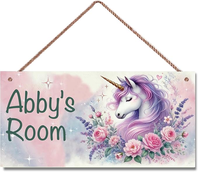Personalized Vintage Unicorn Signs Magic Horse Sign For Kids Room Custom Name Door Wall Decor Flowers Floral Nursery Art Plate For Boys Room Girls Bedroom