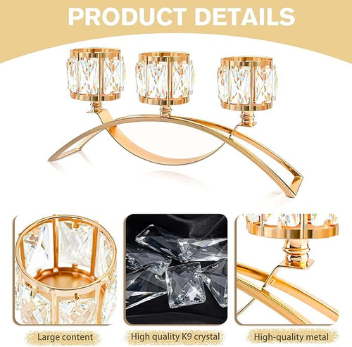 3 Arms Crystal Candle Holders, Arch Candlestick Table Candelabras Centerpieces for Wedding, Dinning Room, Cabinet Ornaments, Home Decoration， Gift (Gold, 2 Pcs-3 Arm Arched)