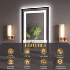 LED Bathroom Mirror,30"x36" Mirror with Black Frame, Front Light and Backlit, Stepless Dimmable, Anti-Fog, Shatter-Proof, Memory, 3 Colors, Double LED Vanity Mirror