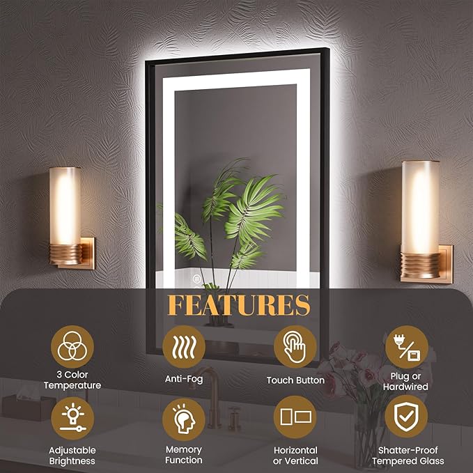 LED Bathroom Mirror,30"x36" Mirror with Black Frame, Front Light and Backlit, Stepless Dimmable, Anti-Fog, Shatter-Proof, Memory, 3 Colors, Double LED Vanity Mirror