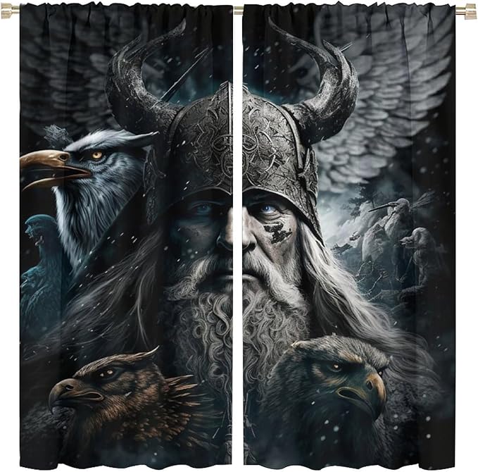 Fantasy Norse Viking Curtains,Cool Gothic Vintage Vikings Mystical Symbol Eagle Window Treatments Thermal Insulated Rod Pocket Blackout Drapes for Bedroom 2 Panels 84L x 42W