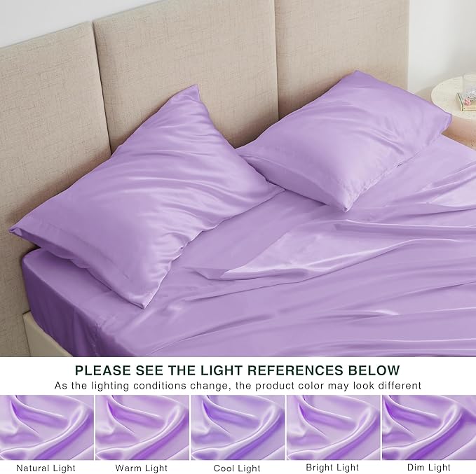 Love's cabin Satin Queen Sheets Set - 4 Piece Lavender Silky Bed Sheets with Deep Pocket, Luxury Silk Feel Satin Queen Size Sheet Set (1 Flat Sheet,1 Fitted Sheet,2 Pillow Cases)