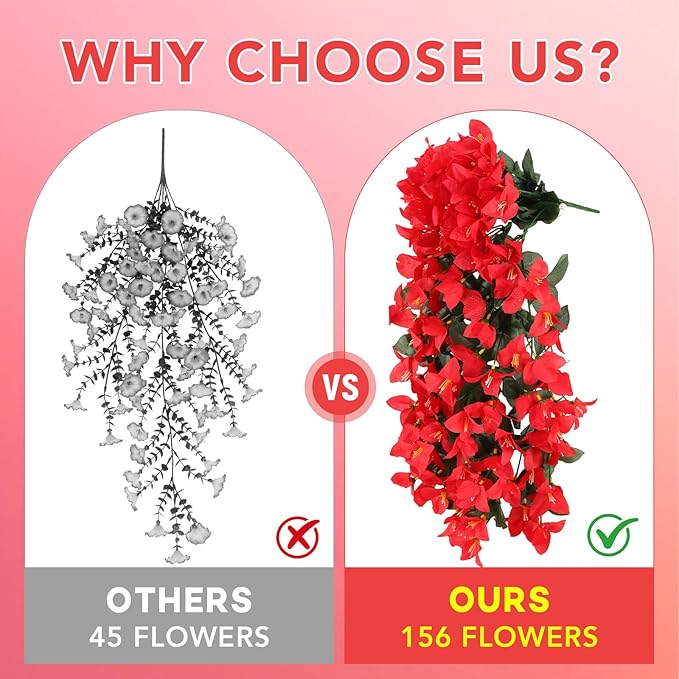 Artificial Bougainvillea Flowers for Outdoor Plant,4 pcs Faux Hanging Flowers Bougainvillea for Outside Decoration,Fake Silk UV Resistant Vines for Front Door Porch(Red)