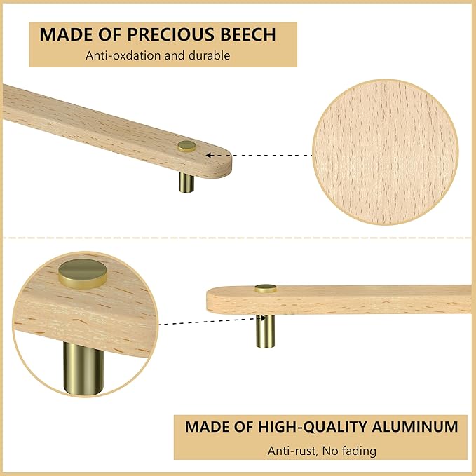 Wooden Drawer Pulls,6-Pack Beech Wood Drawer Handles 6.3in,Suitable for Kitchen, Living Room, Bedroom, Bathroom and Other Scenes,Gold