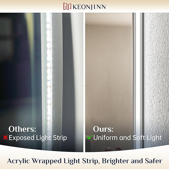 Keonjinn 24 x 32 Inch LED Bathroom Mirror with Backlit, Anti-Fog, CRI90+ HD Stepless Dimmable Mirror, High Lumen, Horizontal/Vertical Wall Mount, UL Listed Lighted Mirror, Waterproof