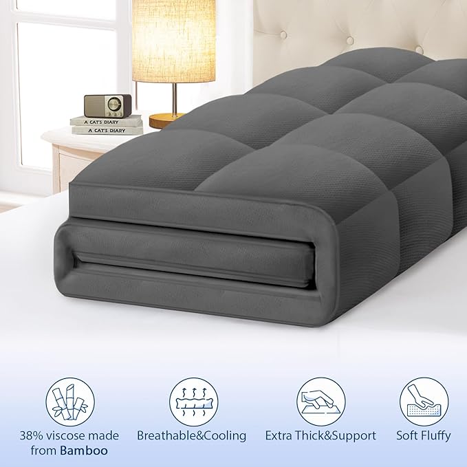 ELEMUSE Full Grey Cooling Bamboo Viscose Mattress Topper for Back Pain, Extra Thick Mattress Pad Cover, Plush Soft Pillowtop with Elastic Deep Pocket, Overfilled Down Alternative Filling