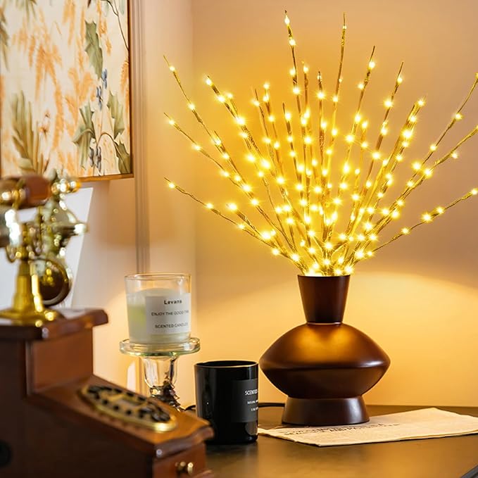 DK177 2 Pack Led Branch Light Battery Operated Lighted Branch Vase Filler Willow Tree Artificial Little Twig Power Golden 30 Inch 20 LED for Home Romantic Decoration (Gold-Warm White)