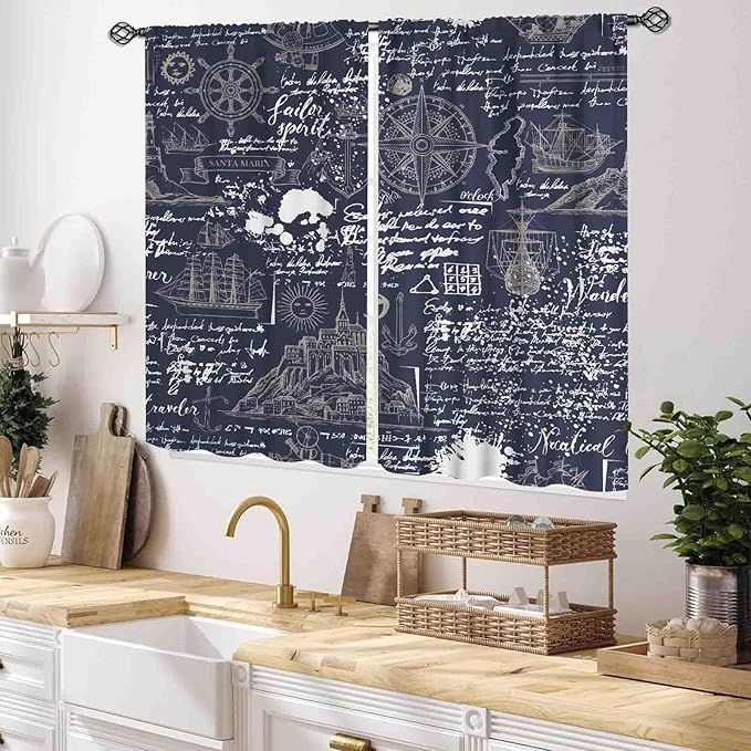 Vintage Nautical Curtains, Marine Coastal Sailboat Compass Anchor Ocean Beach Old Pirate Map Navy Blue Blackout Retro Drapes for Bedroom Living Room Kitchen Bathroom Window 2 Panels, 55x39 Inch