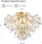 WUZUPS 5-Light Crystal Chandelier Flushmount Ceiling Light Modern Lighting Fixture for Bedroom Hallway Bar Kitchen Bathroom, H 12" W 15.4", E12 Base, Gold