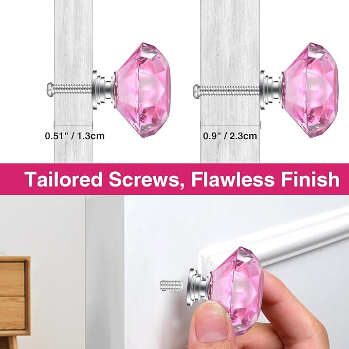 POZEAN Crystal Cabinet Knobs 12Pack, 1.57inch Dresser Knobs for Cabinet, Drawer with Two Different Sizes Screws, Diamond Glass Pulls Handles (40mm, 12Pack, Pink-Silver)