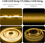 iNextStation COB LED Strip Light Warm White 3000K 16.4ft/5M DC12V CRI 93+ Flexible LED Tape Lights 8mm for Bedroom, Kitchen, TV Backlight, Cabinet, Stage, Home DIY Lighting Decor(No Plug)
