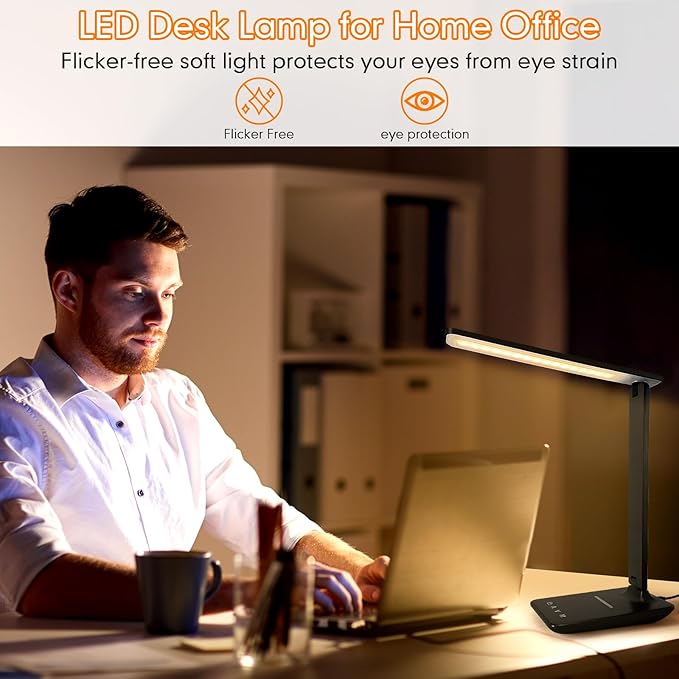 White crown LED Desk Lamp with 15W Wireless Charger & USB Port, Dimmable Table Lamp with 5 Lighting Modes, Sensitive Touch Control, Foldable & Portable Desk Light for Home, Office, Bedroom, Reading