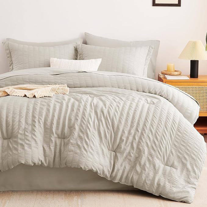 CozyLux Queen Comforter Set Beige Seersucker 7 Pieces Bed in a Bag Queen Comforter Set with Sheets, Luxury Soft Bedding Set with Down Alternative Comforter, Sheets, Pillowcases & Shams for All Seasons