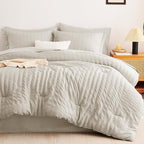 CozyLux California King Comforter Set with Sheets 7 Pieces, Beige Seersucker Bed in a Bag Cal King Luxury Soft Bedding Sets with Down Alternative Comforter, Sheets, Pillowcases & Shams for All Season