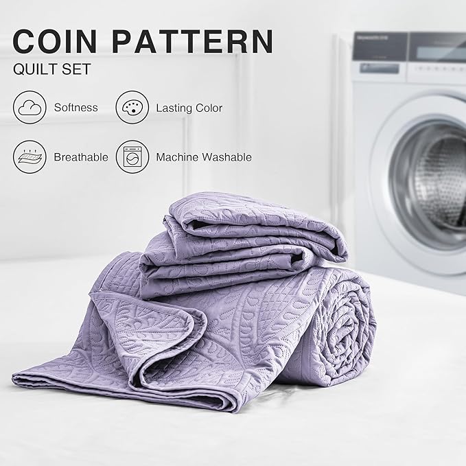 Love's cabin California King Size Quilt Bedding Set Lavender Bedspreads - Cal King Lightweight Bedspread Comforter - Coin Pattern Coverlet for All Season - 3 Pieces (1 Quilt, 2 Pillow Shams)