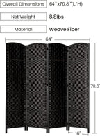 Rose Home Fashion Room Divider, 6 ft Tall Room Dividers and Folding Privacy Screens, 16in Privacy Screen 4 Panel Black Space Temporary Wall Foldable Partition Separation