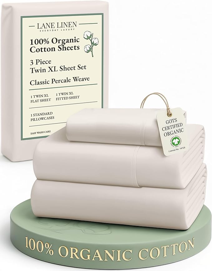 LANE LINEN 100% Organic Cotton Twin XL Sheets Set 3-Piece Pure Percale Soft Bedding Breathable Fits Mattress Upto 15" Deep - Glacier Grey