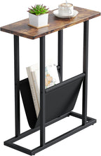 Narrow Side Table for Small Spaces, Small End Table with Magazine Holder, Skinny Slim Little Thin Table for Living Room, Bedroom, Sofa, Rustic Brown