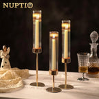 NUPTIO Tall Candlestick Holders for Centerpiece: Hurricane Candle Stick Holders with Ribbed Glass Sleeve - Gold Metal Candleholder Set of 3 for Table Fireplace Living Room Decor