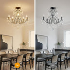 WUZUPS 5-Light Crystal Candle Chandelier Flushmount Ceiling Light Modern Lighting Fixture for Bedroom Hallway Bar Kitchen Bathroom, H 20.9" W 22", E12 Base, Black