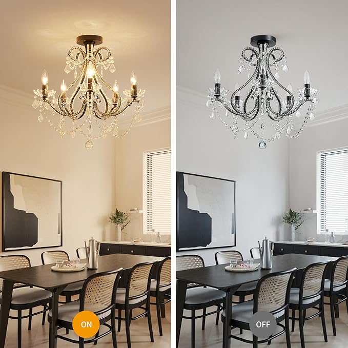 WUZUPS 5-Light Crystal Candle Chandelier Flushmount Ceiling Light Modern Lighting Fixture for Bedroom Hallway Bar Kitchen Bathroom, H 20.9" W 22", E12 Base, Black