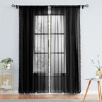 Treatmentex Black Sheer Curtains for Living Room 95" Linen Texture Chic Curtain Panels Pom Pom Trimmed Voile Drapes for Bedroom Office Children's Room 2pcs