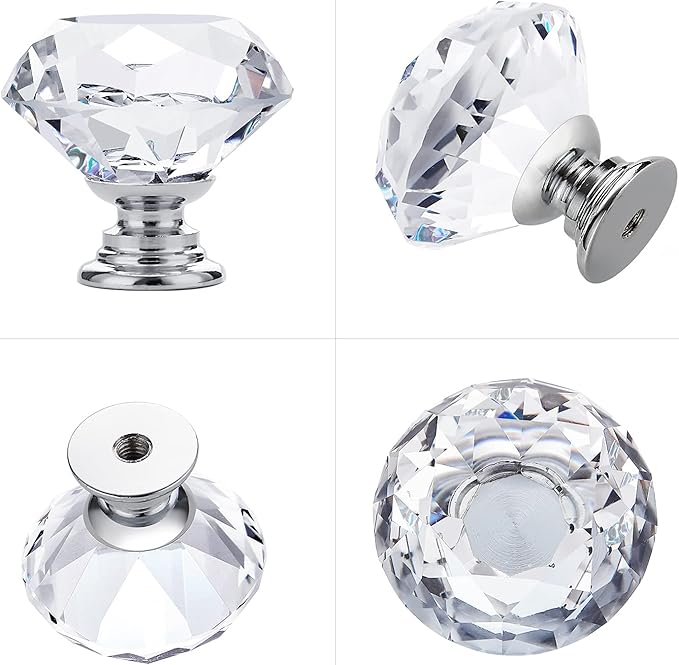 Ravinte 15 Pack Crystal Drawer Knobs - Glass Cabinet Knobs, Diamond Shaped, 30 mm, Silver Base
