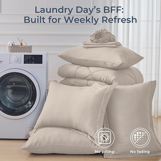 HEVUMYI Beige Tan Full Comforter Set - 7-Piece All Season Bed in a Bag Full, Ultra Soft Bedding Set with Comforter, Flat Sheet, Fitted Sheet, Pillowcases, Pillow Shams, Beige Tan