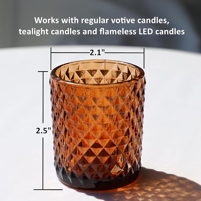 Woho 12pcs Amber Votive Candle Holders Vintage, Glass Tealight Candle Holder for Boho Wedding Table Centerpiece, Brown Tea Lights Candle Holder for Halloween Thanksgiving Decor