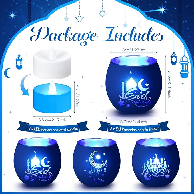 VIHOSE 3 Set Ramadan Decorations Eid Mubarak Votive Candle Holders Ramadan Glass Tea Light LED Battery Operated Candles Flameless Lights for Home Mubarak Party Islamic Muslim Table Centerpieces Decor