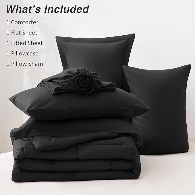Love's cabin Twin XL Comforter Set Ash Black, 5 Pieces Twin XL Bed in a Bag, All Season Bedding Sets with 1 Comforter, 1 Flat Sheet, 1 Fitted Sheet, 1 Pillowcase and 1 Pillow Sham