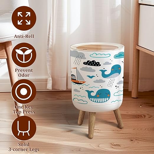 Small Trash Can with Lid Childish Seamless Whale Boat Clouds Waves Scandinavian Style Summer Garbage Bin Pet Proof Waste Basket for Kitchen Bathroom Office Bedroom Decorative 1.8 Gallon
