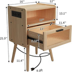 Mid Century Modern Nightstand with Charging Station, Bedside Tables with Glass Drawer, End Table Side Table with 2 Tiers Storage Space, for Bedroom, Living Room, Natural