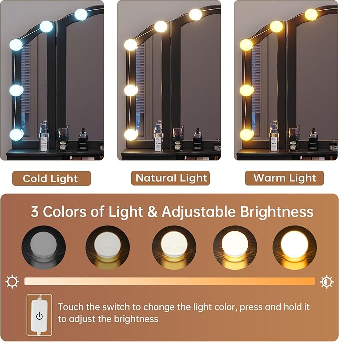 Tiptiper Makeup Vanity with Lights, Vanity Desk with 10 Light Bulbs & 3 Color Lighting Modes, Vanity Table with 5 Drawers and Cushioned Stool, Makeup Table with Tri-Fold Mirror for Women Girls, Black