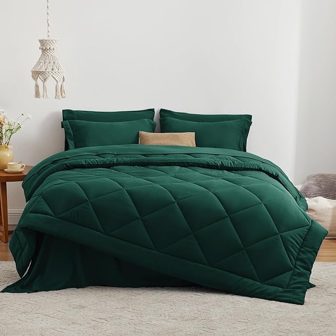 Love's cabin Full Comforter Set Dark Green, 7 Pieces Full Bed in a Bag, All Season Bedding Sets with 1 Comforter, 1 Flat Sheet, 1 Fitted Sheet, 2 Pillowcase and 2 Pillow Sham