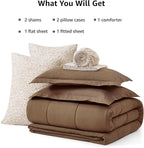 Monbix Full Comforter Set - 7 Pieces Brown Bed in a Bag Full Size Track Stitching Bedding Sets, All Seasons Down Alternative Comforter with Sheets,Pillowcases & Shams
