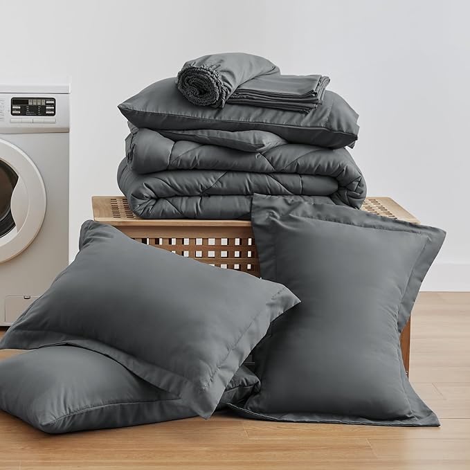 Love's cabin King Size Comforter Set Dark Grey, 7 Pieces King Bed in a Bag, All Season Bedding Sets with 1 Comforter, 1 Flat Sheet, 1 Fitted Sheet, 2 Pillowcase and 2 Pillow Sham