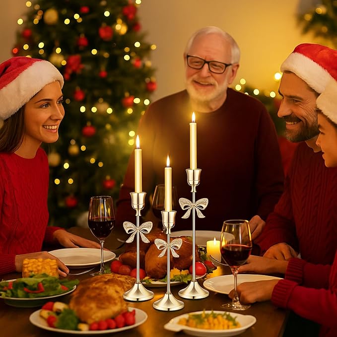 6 Pcs Christmas Candle Holders 3 Size Gold Taper Candlestick Holders Set Vintage Decorative Centerpiece for Table Mantel Wedding Housewarming Thanksgiving Gifts (Bowknot)
