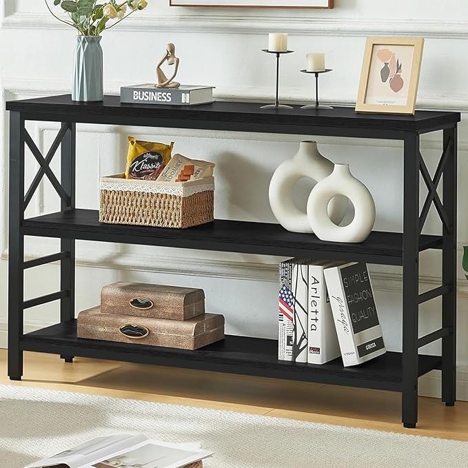 HOMBAZAAR Sofa Table,Industrial Console Table with Storage,Entryway Table with Engineered Wood and Metal,3 Tier Shelf for Living Room,Hallway,Black,47 Inch